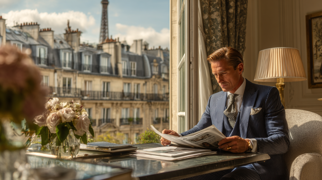 Chasseur immobilier de prestige à Paris examinant des biens haut de gamme avec vue sur des immeubles haussmanniens, ambiance élégante et haut standing.