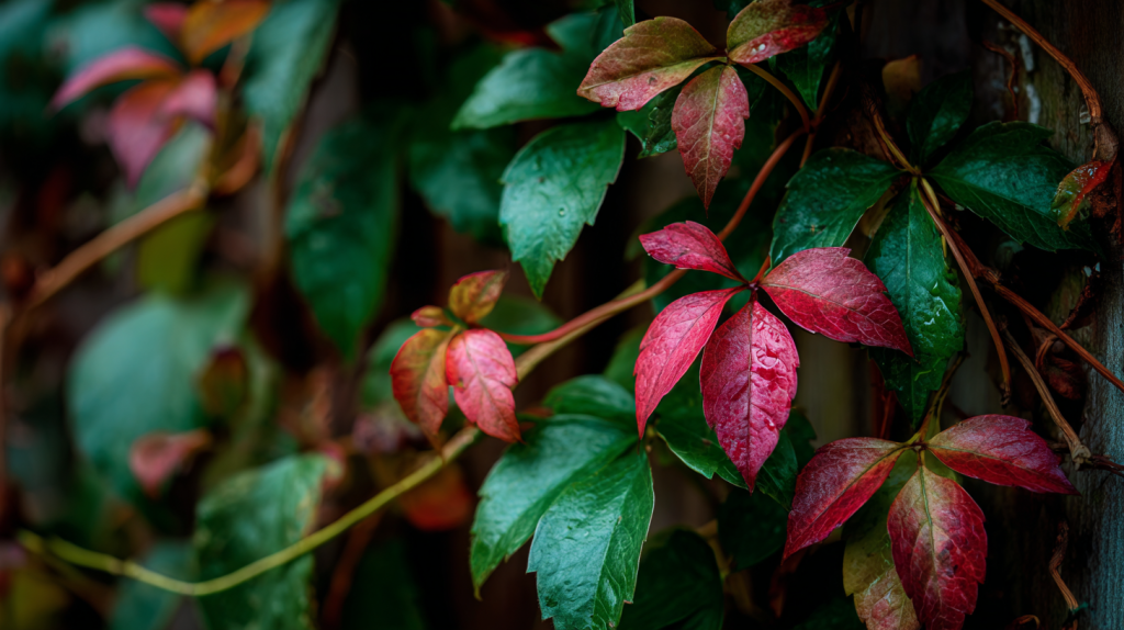 Vigne vierge grimpante sur une façade de maison, feuillage décoratif vert et rouge en extérieur