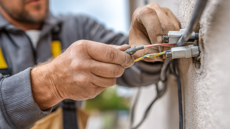 Technicien installant une fibre optique sans gaine sur un mur extérieur avec les outils adaptés.