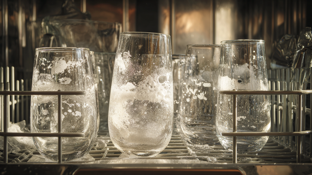 Verres sales et ternes à la sortie du lave-vaisselle, traces blanches et résidus après lavage