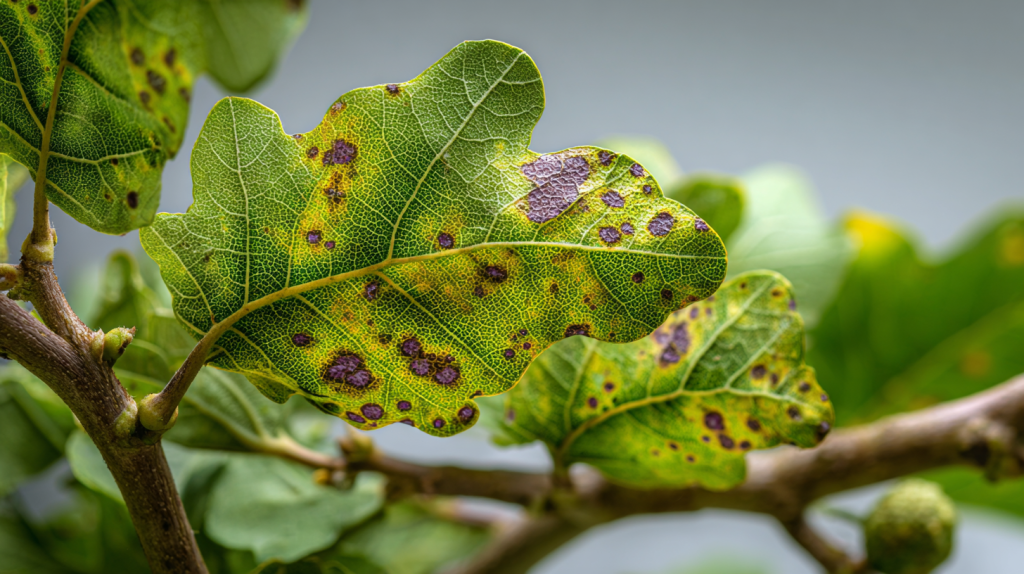 Feuilles de mûrier platane montrant des maladies avec un jardinier les inspectant.