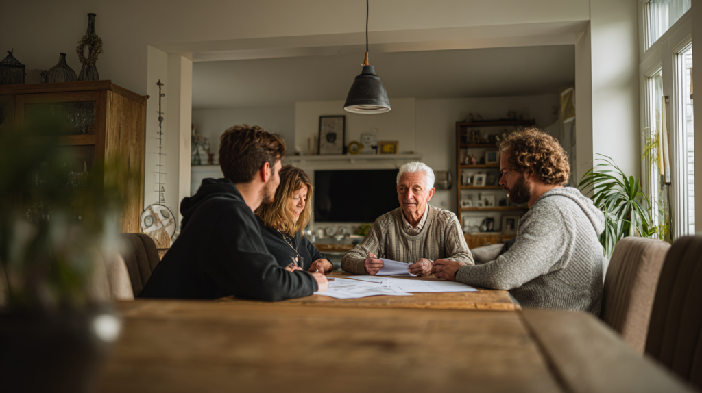 Famille discutant autour d’une table avec des documents pour la vente de la maison des parents.