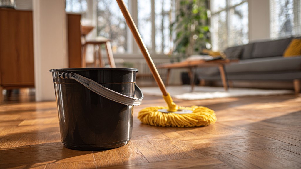 Nettoyage d’un parquet en bois avec du vinaigre blanc et une serpillière