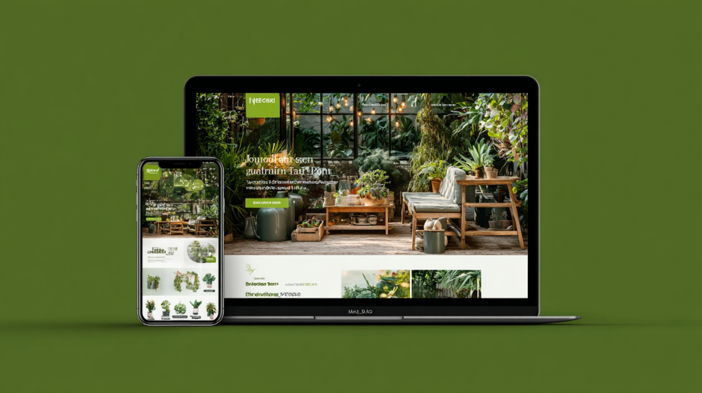 Boutique en ligne moderne d’équipements de jardin avec mobilier extérieur, outils de jardinage et ambiance écoresponsable, présentée sur une interface e-commerce claire et lumineuse