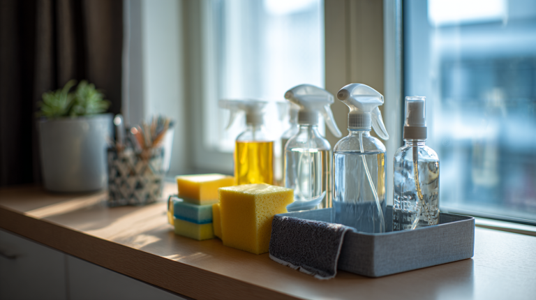 Nettoyage express d’un appartement de location courte durée avec produits ménagers organisés sur une table.