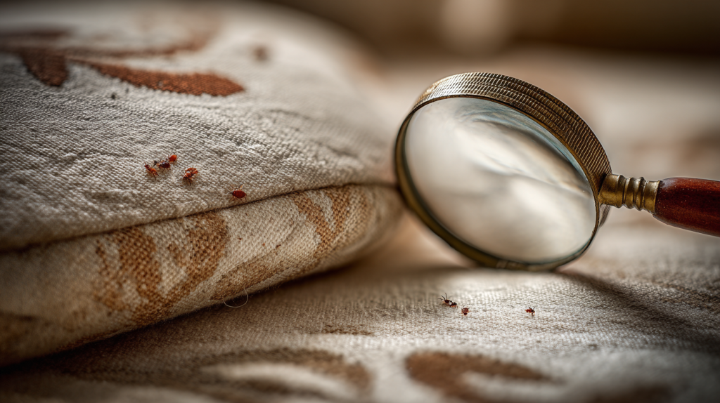 Vue en gros plan du coin d’un matelas avec des traces caractéristiques de punaises de lit, dont de petites taches brunes et des insectes minuscules, accompagnée d’une loupe inspectant le tissu.