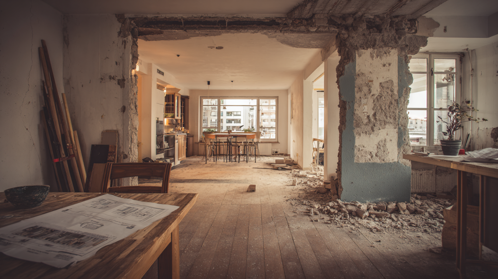 Travaux de réunion de deux appartements en un seul logement.