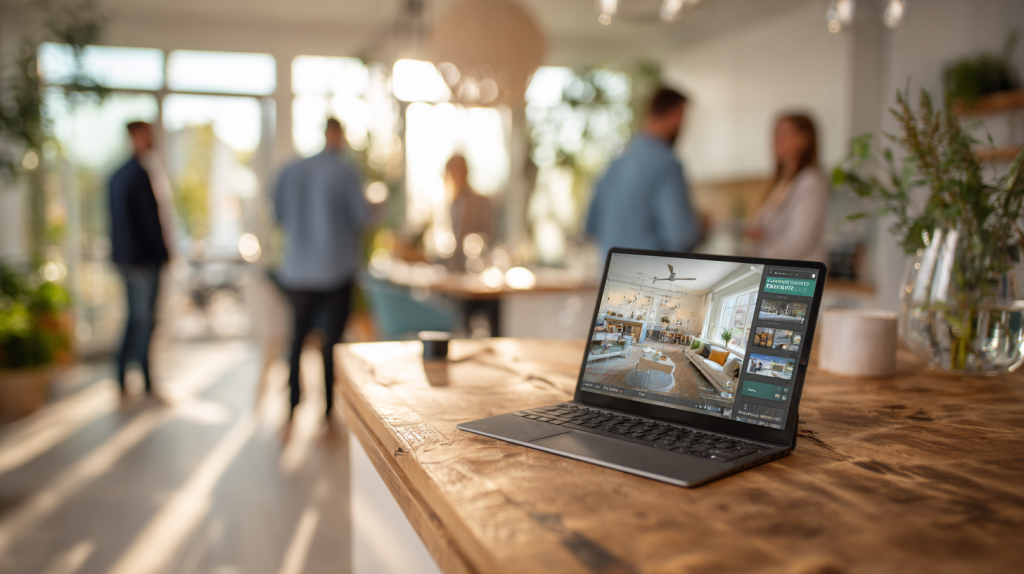 Appartement moderne avec tablette affichant un tableau de bord de gestion locative, deux personnes discutant des options de location, ambiance professionnelle et accueillante.