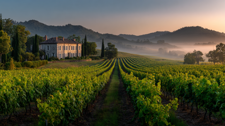 Vignoble français au lever du soleil avec des rangées de vignes et une propriété viticole en pierre en arrière-plan.