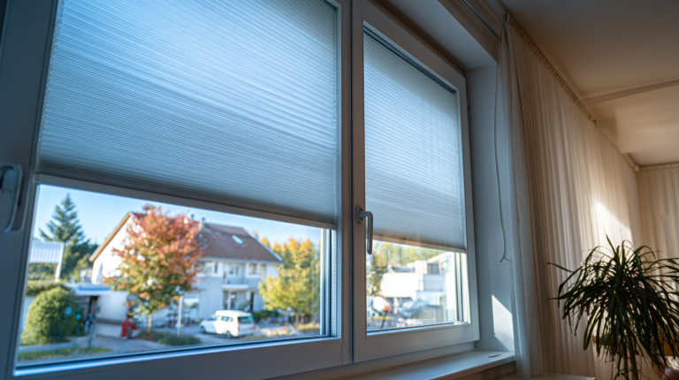 Intérieur d’une maison moderne avec un volet roulant électrique à moitié fermé sur une grande fenêtre.