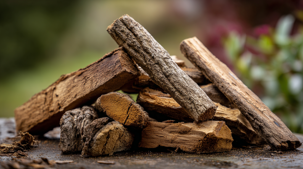 Bois de chauffage en albizia empilé montrant un bois léger, fibreux et peu dense, inadapté pour le chauffage