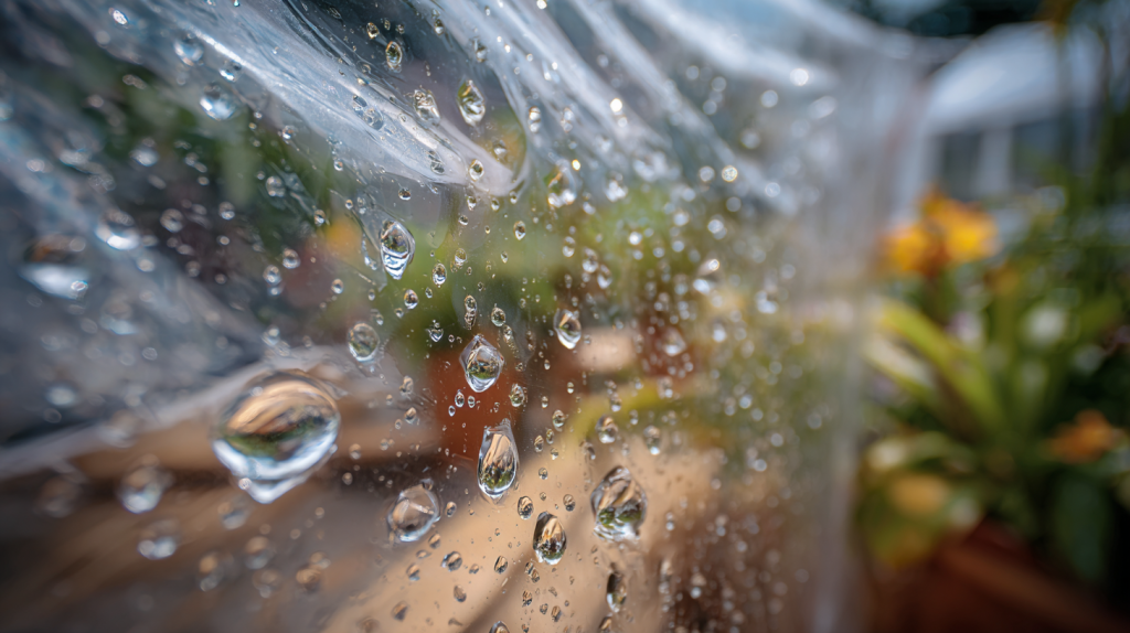 Bâche transparente sur mesure protégeant une terrasse de jardin, parois en PVC clair laissant voir les plantes et le mobilier, espace extérieur lumineux et abrité.