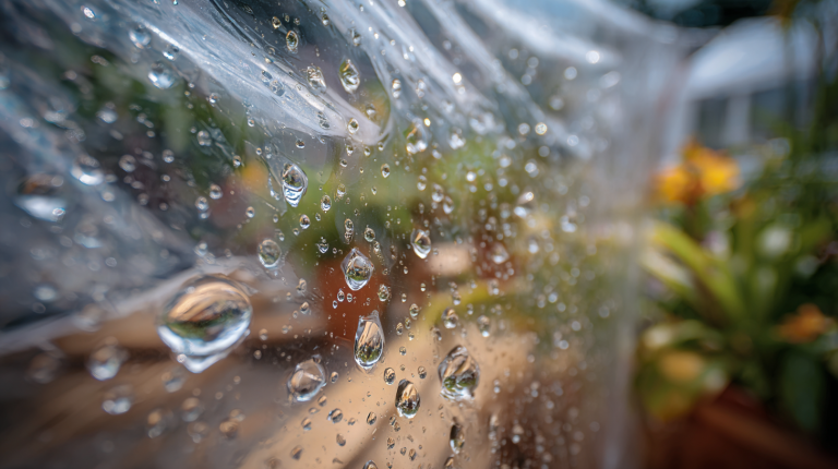 Bâche transparente sur mesure protégeant une terrasse de jardin, parois en PVC clair laissant voir les plantes et le mobilier, espace extérieur lumineux et abrité.