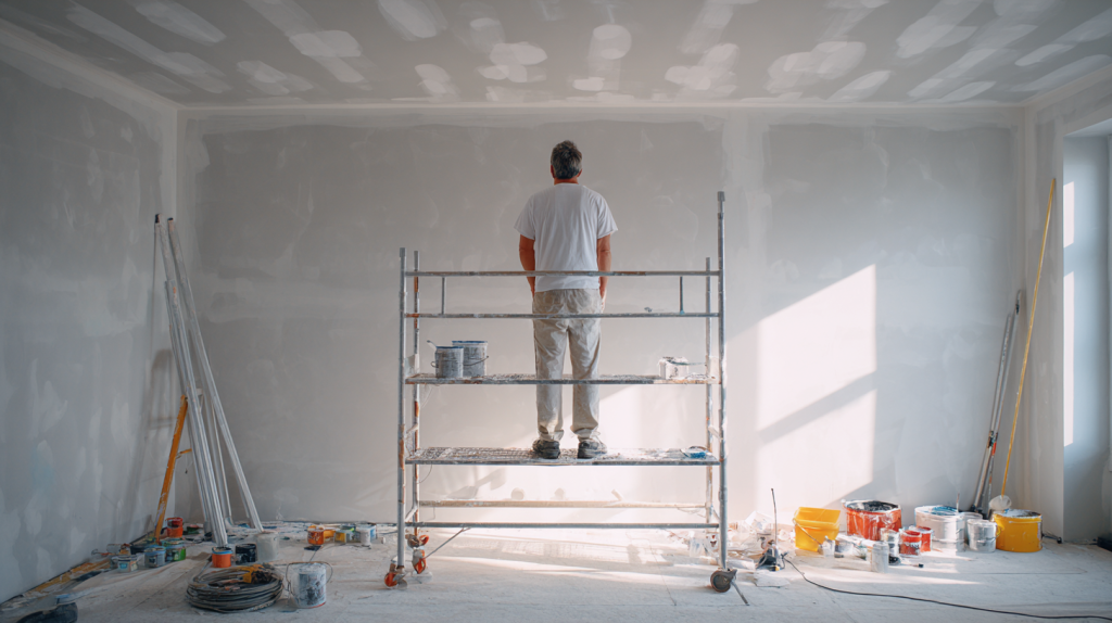 Peintre utilisant un échafaudage sécurisé pour peindre un mur intérieur