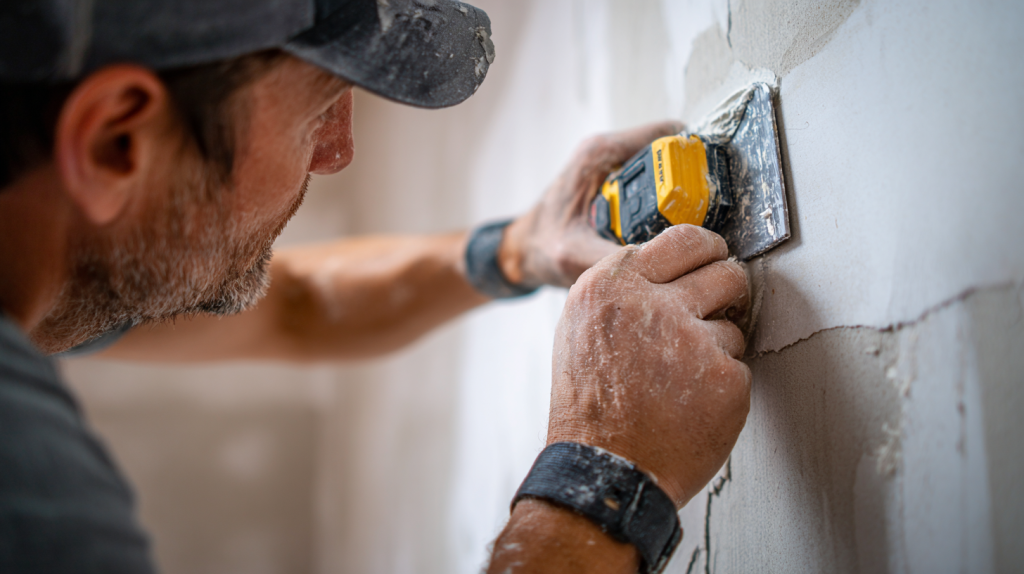 Réparation d’un placo arraché avec enduit et outils de bricolage