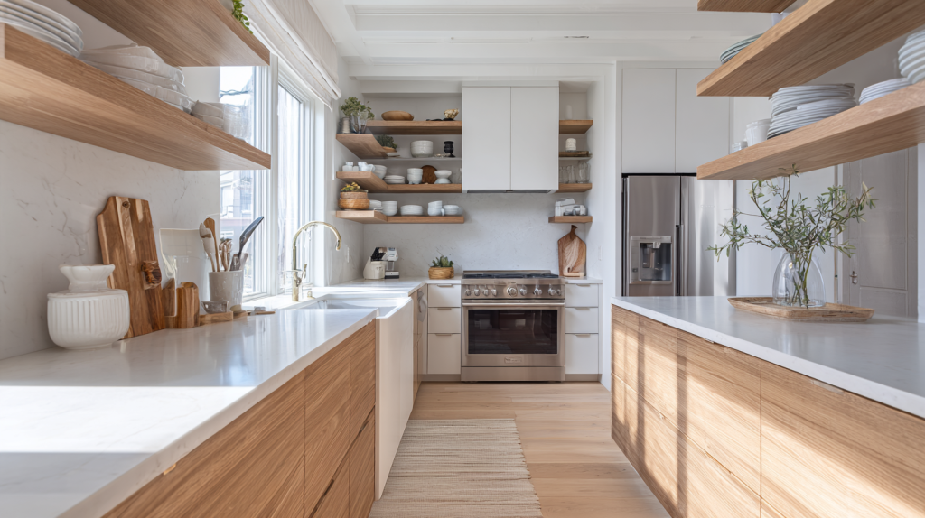 Cuisine moderne sans meubles hauts avec aménagement épuré et lumineux