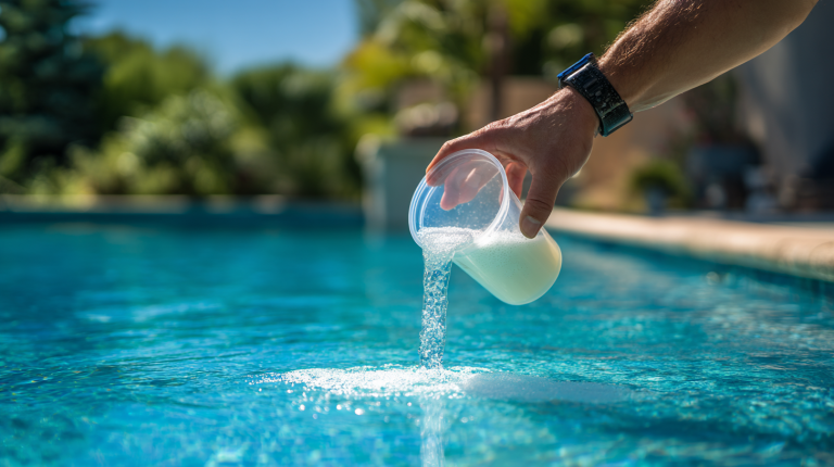 Personne ajoutant du floculant dans une piscine pour clarifier l’eau et améliorer sa transparence.