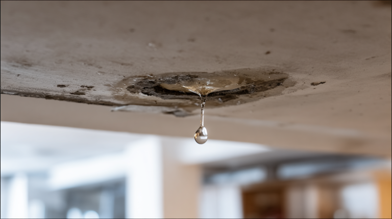 Fuite d’eau visible au plafond entre deux étages d’un logement avec traces d’humidité et écoulement.