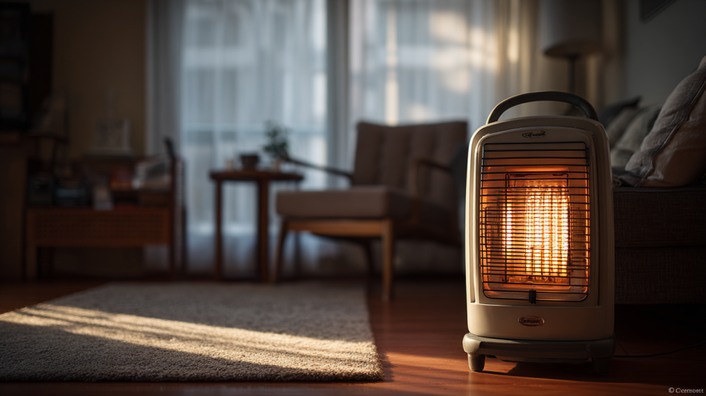 Poêle à pétrole utilisé comme chauffage d’appoint économique dans un salon en hiver