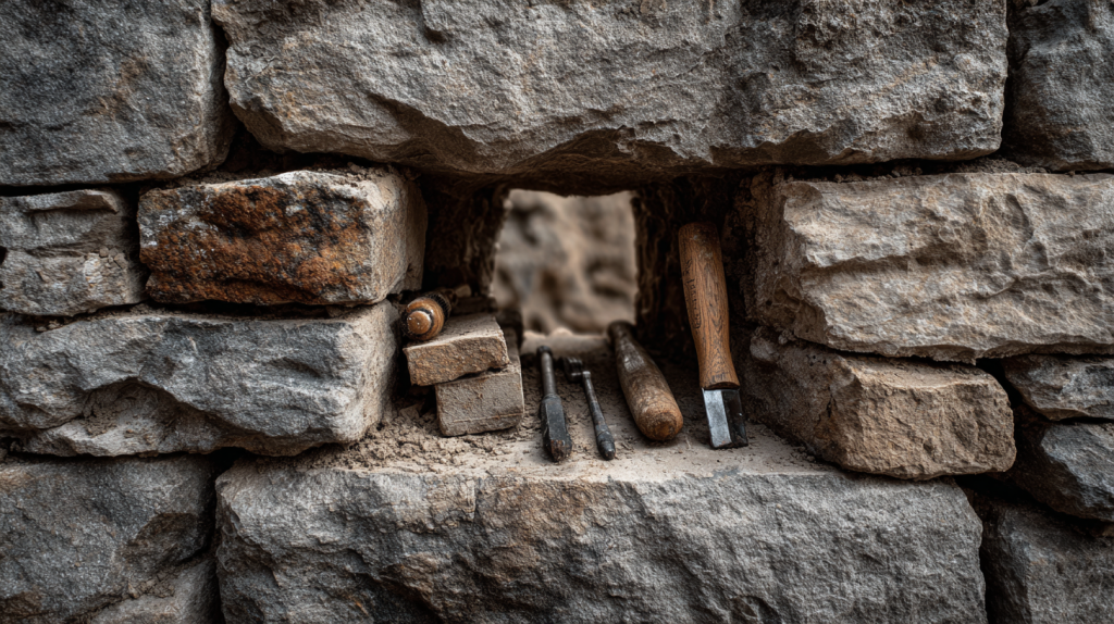 Ouverture réalisée dans un mur en pierre avec jambage apparent lors de travaux de maçonnerie traditionnelle.