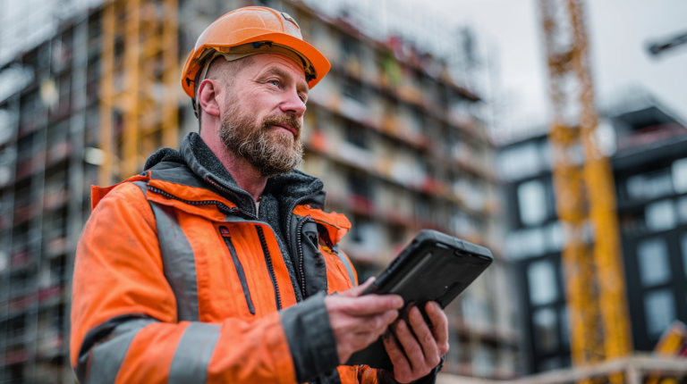 Artisan du bâtiment consultant une plateforme numérique de chantiers sur tablette devant une maison en rénovation
