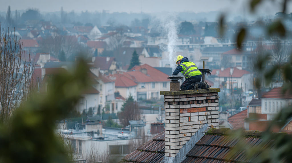 Ramoneur professionnel effectuant le ramonage d’une cheminée sur le toit d’une maison dans le Val d’Oise.