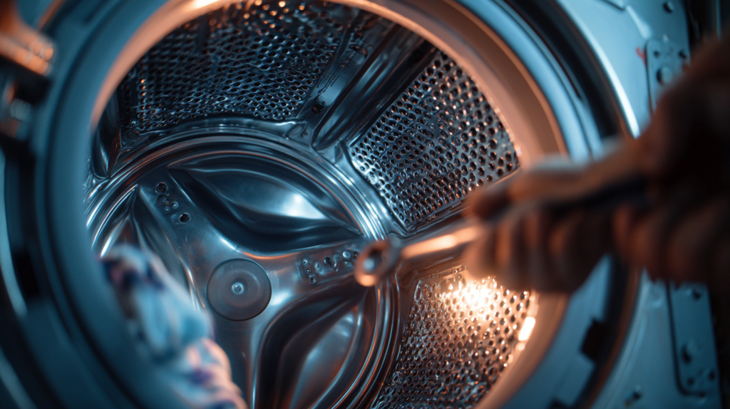 Arrière d’un lave-linge avec vis de transport et bridage du tambour