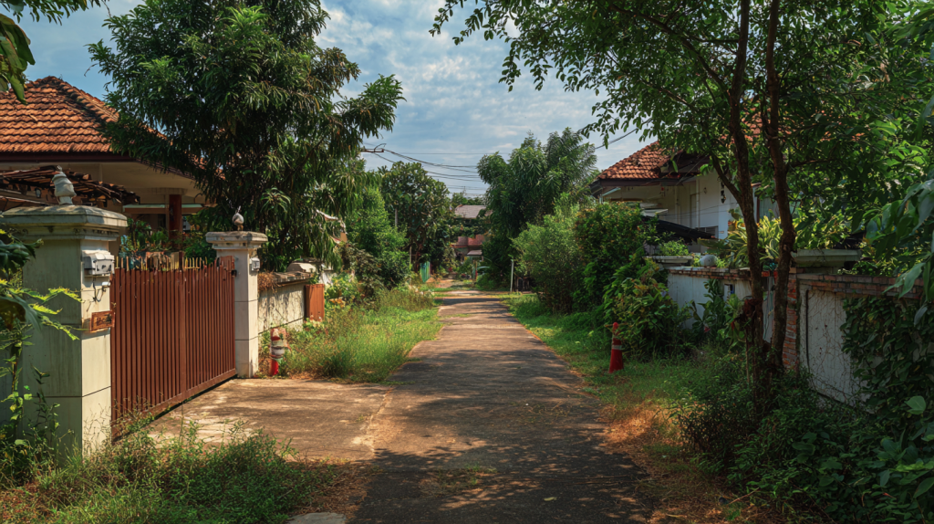 Chemin privatif partagé entre plusieurs maisons, illustrant les règles et droits des propriétaires riverains