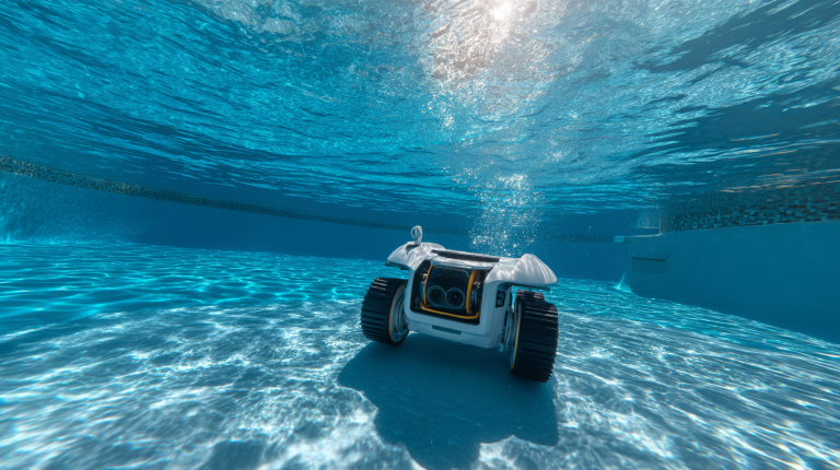 Robot aspirateur nettoyant le fond d’une piscine familiale avec eau claire