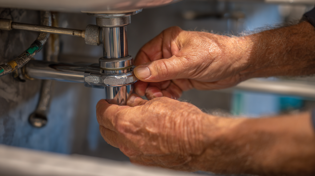Plombier dédoublant une arrivée d’eau sous un évier à l’aide d’un raccord en T et d’outils de plomberie.