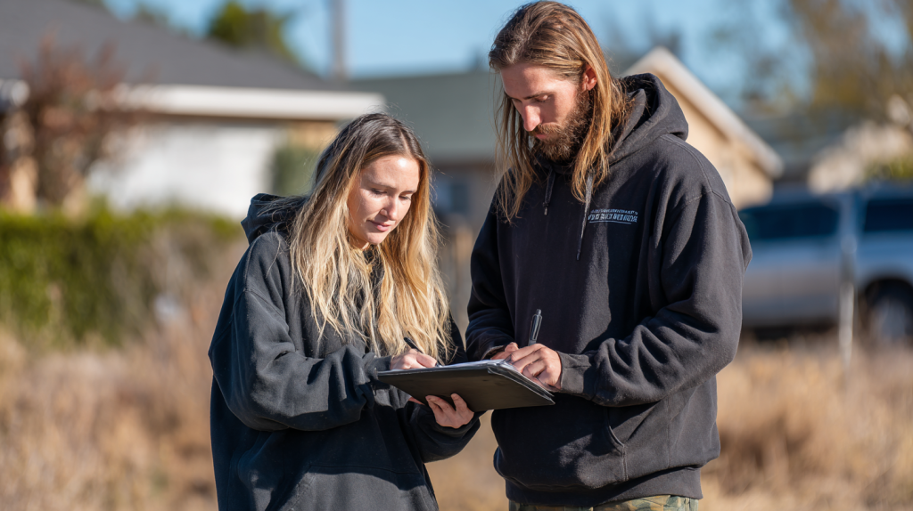 Deux personnes consultant des documents pour un échange de terrain sans notaire