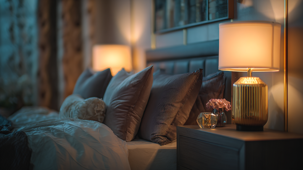 Chambre décorée avec des lampes de chevet diffusant une lumière chaleureuse pour créer une ambiance cosy et élégante.