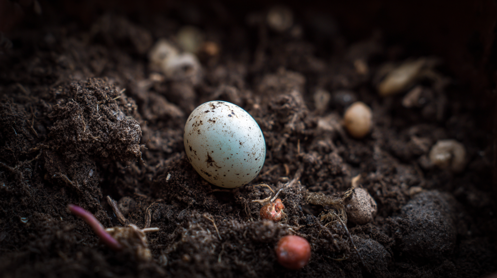 Petit œuf blanc découvert dans la terre du jardin, gros plan sur le sol illustrant une présence naturelle à identifier