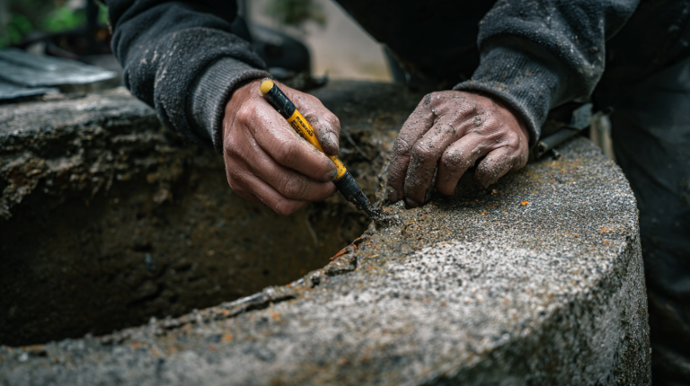 Personne réparant un regard en béton en appliquant un joint d’étanchéité pour éviter les fuites d’eau.