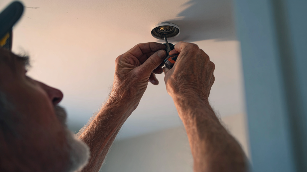Personne remplaçant un crochet DCL par une vis dans un plafond, gros plan sur les mains et les outils.