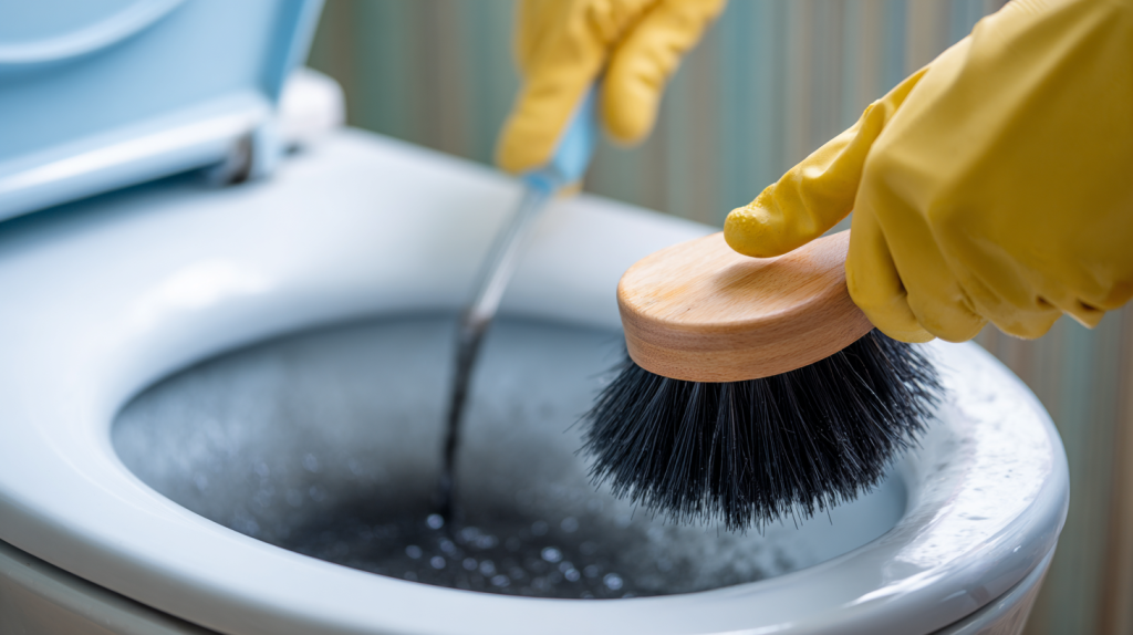 Personne nettoyant les traces noires dans la cuvette des toilettes avec une brosse et des produits de nettoyage.