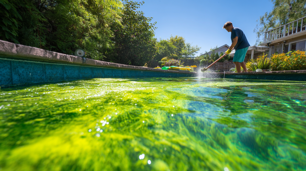 Personne traitant les algues moutarde dans une piscine avec des produits et une brosse par une journée ensoleillée.
