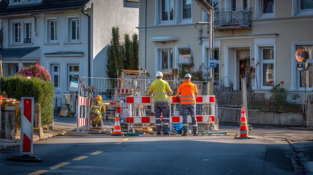 Travaux de voirie devant une propriété privée avec signalisation, barrières et accès temporairement réglementé.