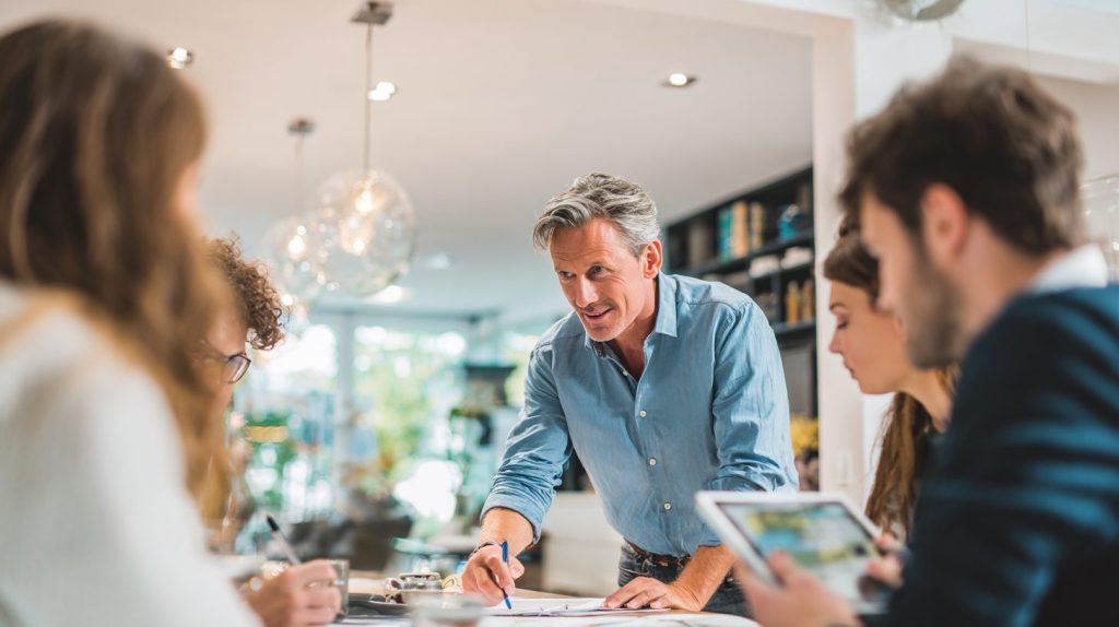 Agent immobilier présentant un bien lors d’une vente interactive 36h immo avec des acheteurs potentiels