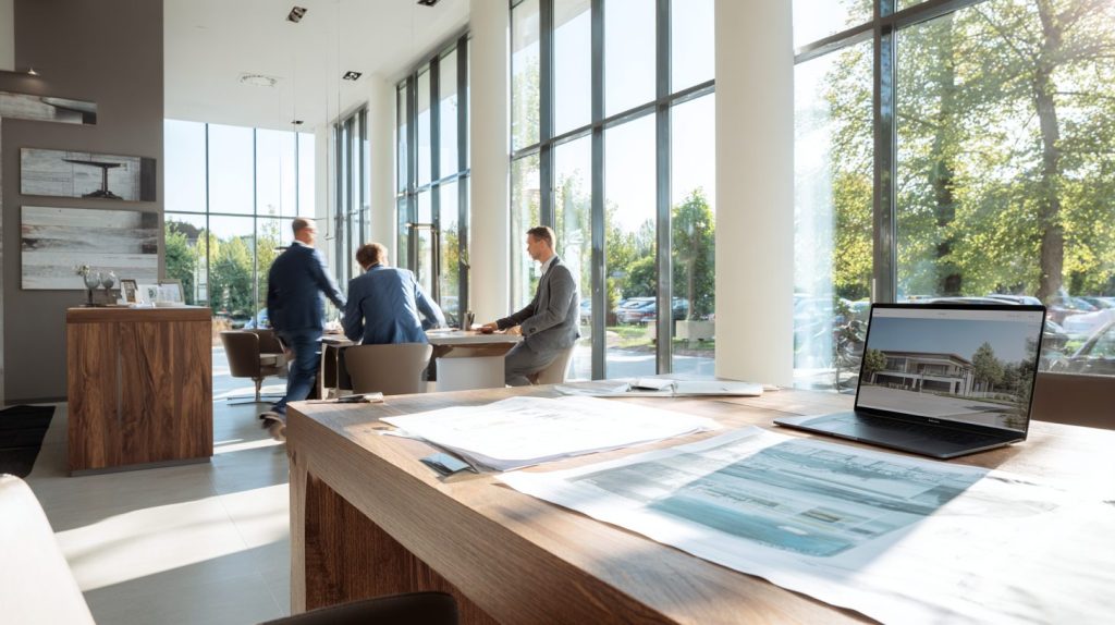Agence immobilière Barraine Immo avec conseillers accompagnant des clients autour de plans immobiliers dans un bureau moderne et lumineux.