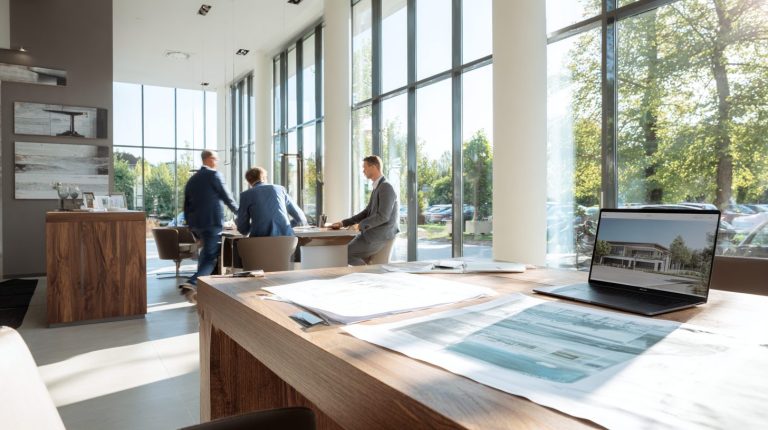 Agence immobilière Barraine Immo avec conseillers accompagnant des clients autour de plans immobiliers dans un bureau moderne et lumineux.