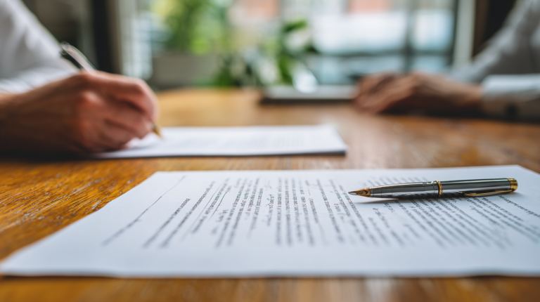 Agent immobilier et propriétaire examinant une déclaration de sinistre et un acte de vente