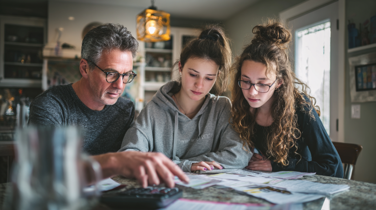 Famille réunie autour d’une table examinant un contrat de prêt familial avec des documents financiers et une expression préoccupée, dans un intérieur lumineux et réaliste.