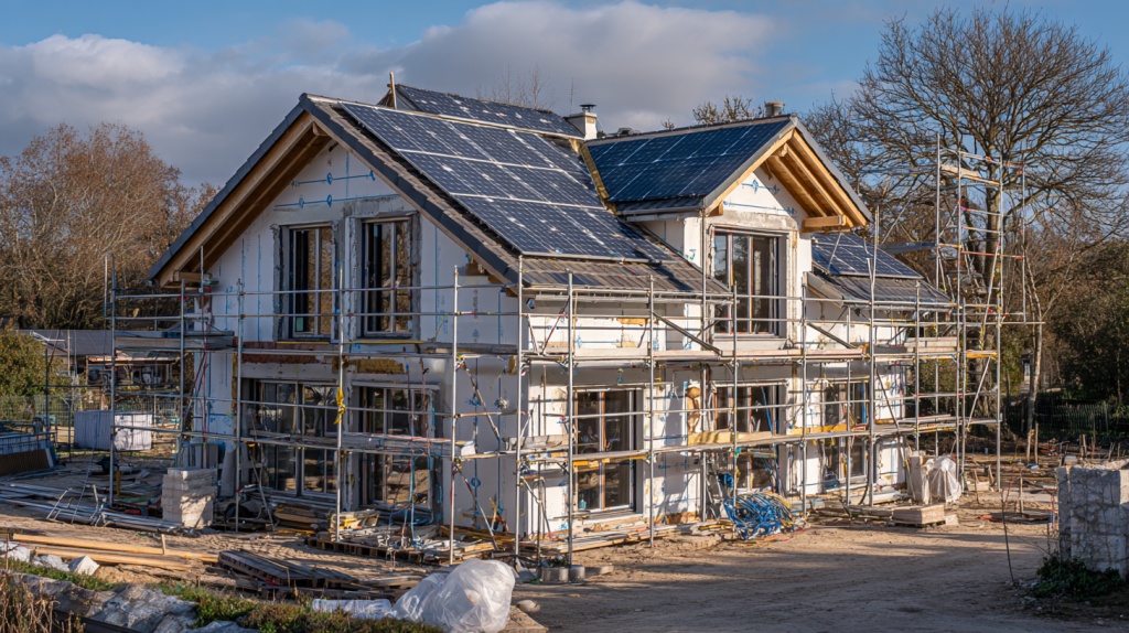 Rénovation énergétique d’une maison avec isolation extérieure, panneaux solaires et pompe à chaleur