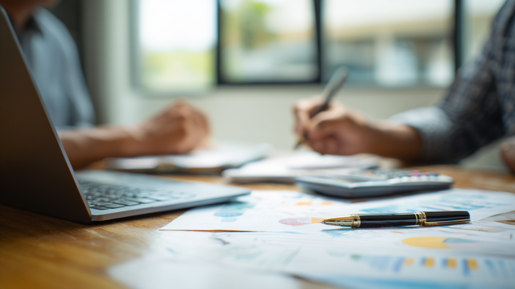 Comptable échangeant avec un entrepreneur sur des documents financiers