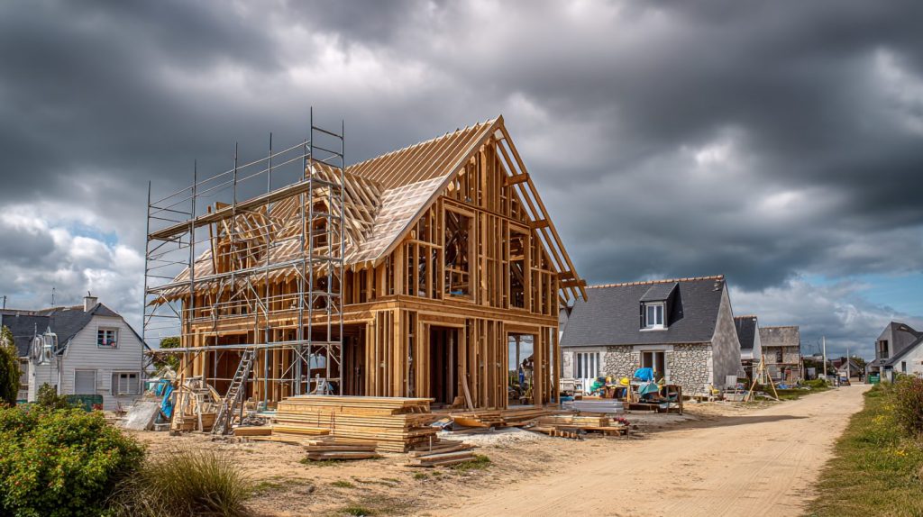 Construction de maison moderne à Cherbourg dans la Manche avec chantier et maison en cours de réalisation