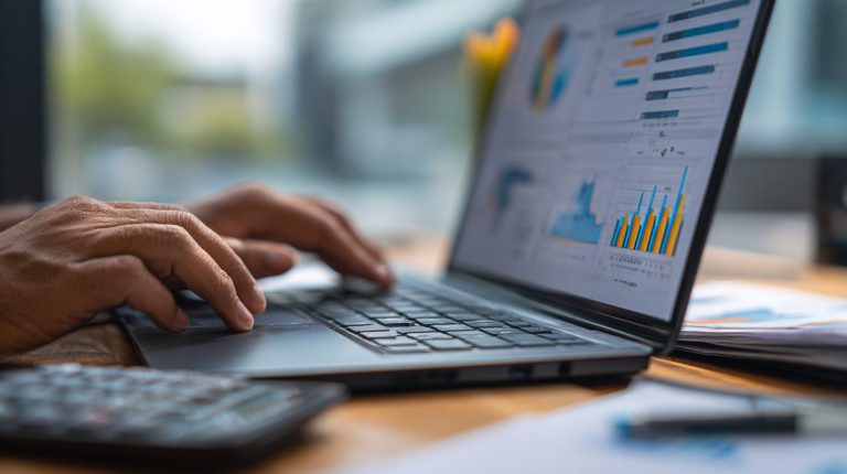 Personne utilisant un simulateur d’investissement immobilier locatif sur ordinateur avec calcul de rentabilité