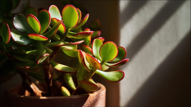 Arbre de jade Crassula ovata en pot avec feuilles vertes épaisses dans un intérieur lumineux