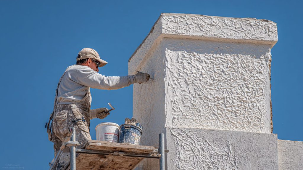 Application d’enduit sur une cheminée extérieure en rénovation avec texture de crépi