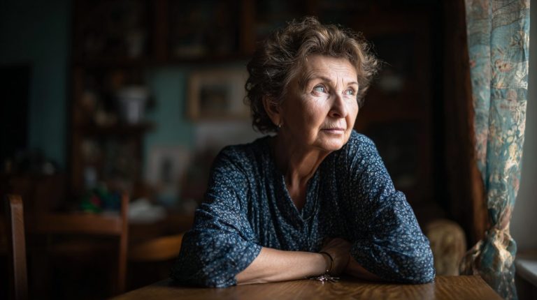 Femme veuve réfléchissant à la vente de sa maison avec documents et clés sur une table